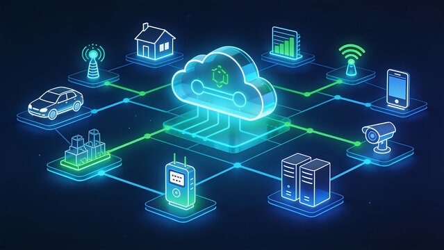 Isometric 3D technology diagram showing a central glowing cloud connected via illuminated paths to various nodes including smart cars, buildings, servers, mobile devices, and security cameras