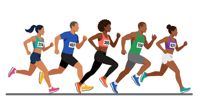 Diverse runners compete in a race, showcasing fitness and athleticism.