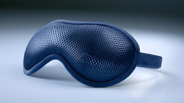 Contoured blue sleep mask with perforated fabric and elastic strap  resting on a smooth surface under soft lighting