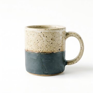 Speckled ceramic coffee mug featuring a dark blue dip-glazed base isolated against a plain white backdrop.
