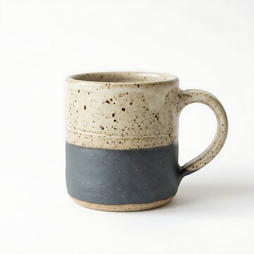 Handcrafted two-tone ceramic mug with speckled beige top and slate blue bottom isolated on white background.