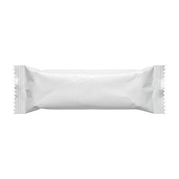A blank white snack bar foil wrapper mockup with sealed edges isolated on white backdrop.