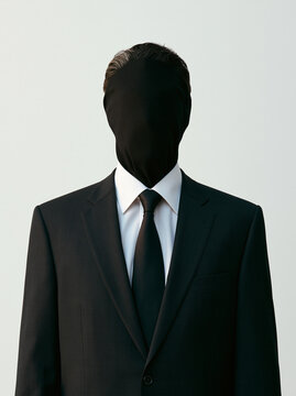 Anonyme Person im schwarzen Anzug mit verh&uuml;lltem Gesicht vor wei&szlig;em Hintergrund, Symbol f&uuml;r Anonymit&auml;t und Identit&auml;tslosigkeit.