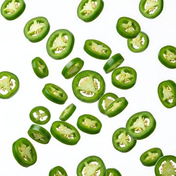 Flying slices of green jalape&ntilde;o peppers with seeds isolated on a solid white surface for packaging design.