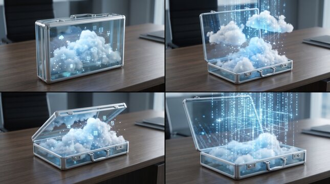 A transparent briefcase filled with floating clouds &mdash; cloud computing.