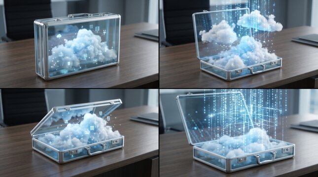A transparent briefcase filled with floating clouds &mdash; cloud computing.