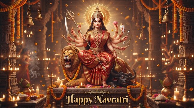 
Happy Navratri Goddess Durga Mata with Lion Killing Mahishasura in Temple with Diya light 