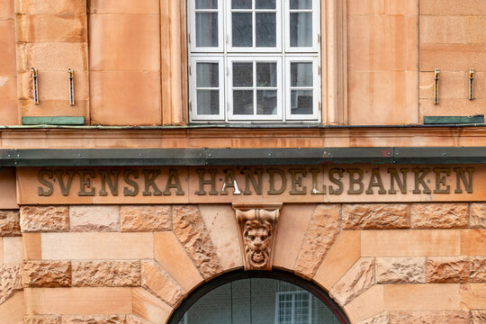 Helsingborg, Sweden  A classic sign for the large Swedish bank Handelsbanken on an old building facade downtown.