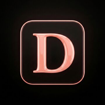 Pink letter D, rose glossy alphabet monogram, square frame black background. Elegant serif capital initial, metallic shine emblem. Pink letter D logo style