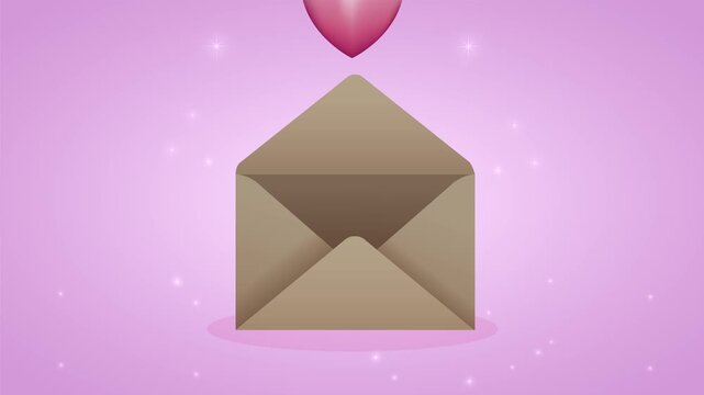 Animated brown envelope opening and closing with shiny pink heart popping out and flying away.