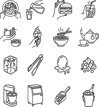 Food preparation kitchen utensils ice making and catering industry line icons.Food preparation kitchen utensils ice making and catering industry line icons.