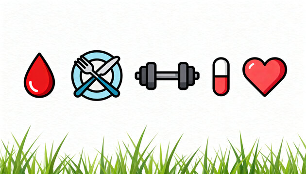 diabetes prevention, featuring a drop of blood, a plate with a fork and knife, a dumbbell, a pill, and a heart