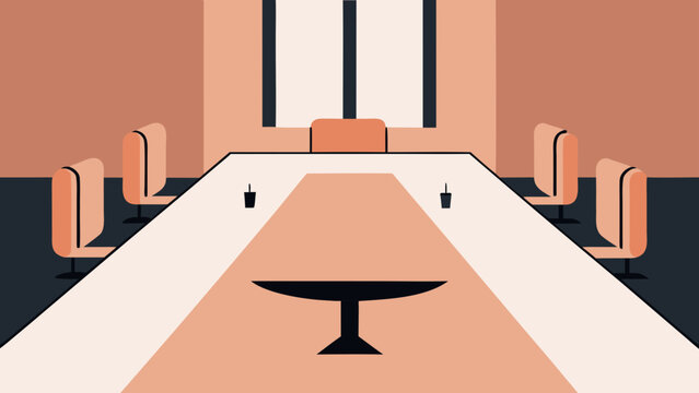Modern conference room interior vector with spacious white table and stylish orange chairs under bright minimalist window backgrounds.