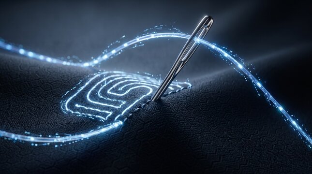 A sewing needle threading a glowing fiber-optic cable through fabric &mdash; technology + textile.