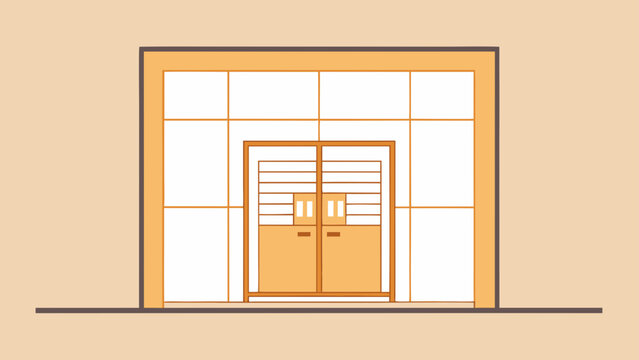Grand entrance with double doors and large windows creating formal facade for building lobby or public institution welcoming visitors.