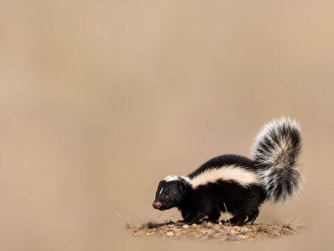 Wild Animal Background &ndash; Patagonian Hog-nosed Skunk. Patagonian hog-nosed skunk standing on dry ground, showing its black coat, broad white stripes, bare snout and bushy tail.