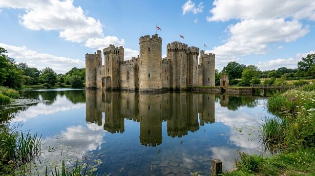 Medieval Moated Castle Reflection in Water, Summer Sky, Greenery