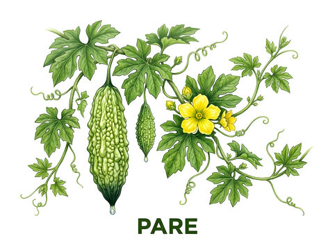 Botanical illustration of bitter melon plant with fruit and flowers isolated on transparent background