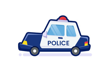 Cute Police Car Cartoon Icon — Flat Design Blue and White Police Vehicle with Siren for Kids, Transportation and Public Safety Illustration Design © Adfian