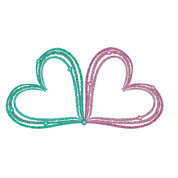 pink and blue hearts isolated on a transparent background. teal and pink interlocking hearts drawn with glitter-like textured outlines