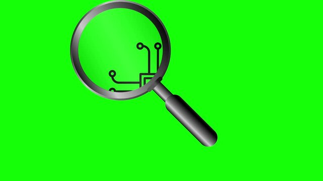 Magnifying glass analyzing artificial intelligence microchip processor on green screen chroma key background