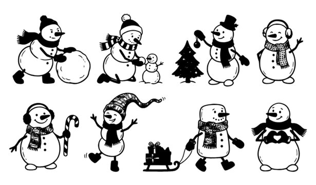 Hand Drawn Snowman Winter Activity Clipart Collection for Christmas Designs