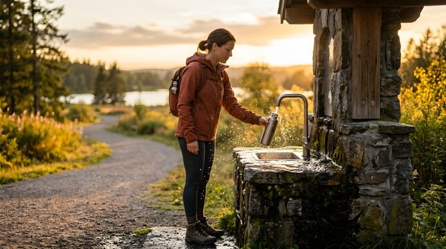 Female hiker filling reusable metal bottle at outdoor stone fountain during sunset