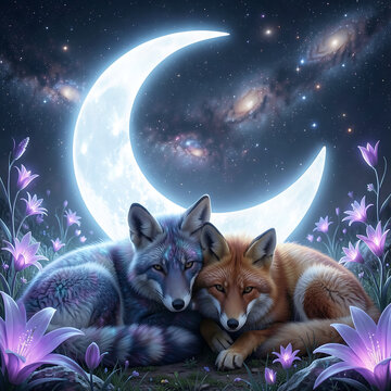 Whimsical celestial foxes nestled in a field of glowing purple flowers under a luminous moon and starry night sky