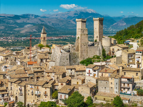 Aerial view of Pacentro medieval village and Caldora Castle in Abruzzo