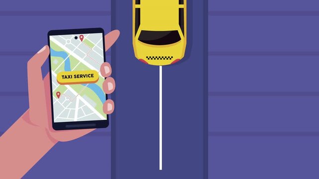 Online taxi booking application animation with yellow cab driving on road and smartphone in hand.