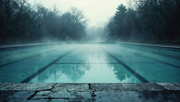 An abandoned outdoor swimming pool filled with still teal water sits shrouded in cold mist, surrounded by bare trees in an eerie atmosphere. Perfect for travel, wallpaper and relaxation themes.