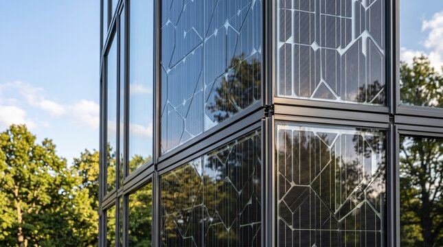Modern building facade featuring solar panels integrated into glass structure, surrounded by green trees under a clear blue sky, showcasing sustainable architecture and innovative design elements
