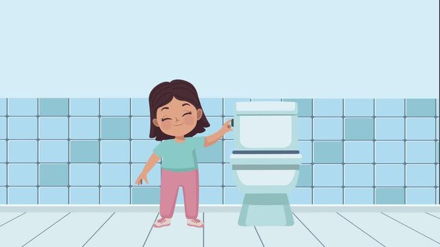Little girl flushing toilet in bathroom with blue tiles.