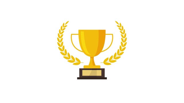 Golden trophy icon with laurel wreath pop up animation isolated on white background. Flat vector award graphic for victory and achievement design.