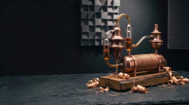 Experimental sound instrument with copper resonators and glass tubes on dark slate with copy space