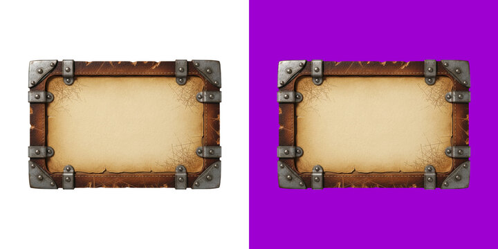 Rustic leather and metal frame sign with parchment paper insert transparent png