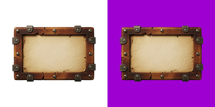 Rustic vintage wooden frame with parchment paper scroll UI game element transparent png