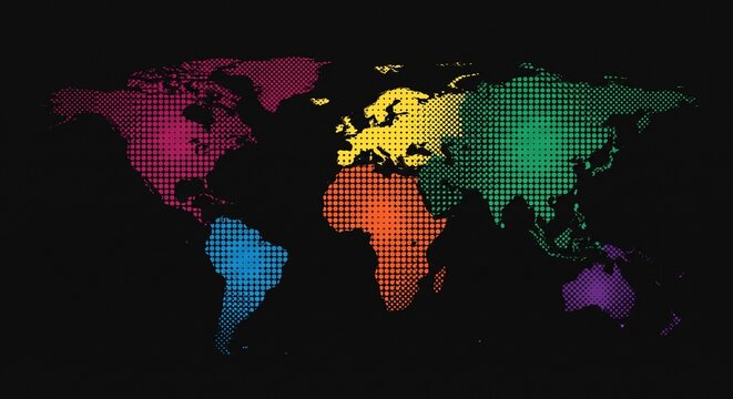 Halftone world map silhouette with colorful continent pattern