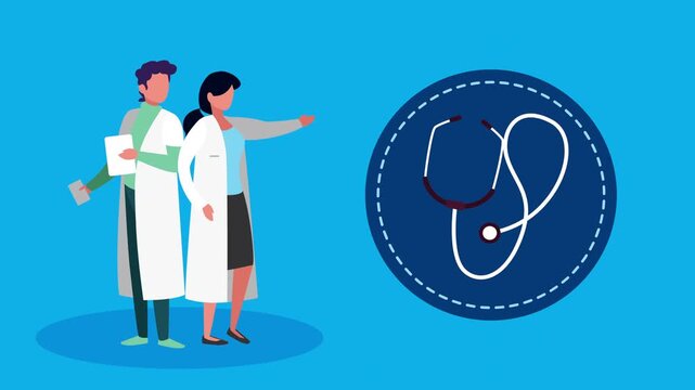 Medical professionals presenting healthcare icons in circular motion graphics animation with blue background.