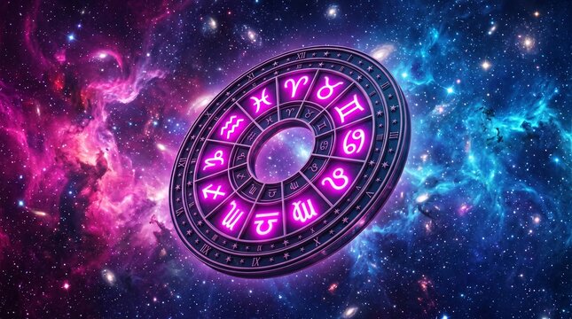 Cosmic zodiac wheel featuring twelve astrological signs glowing with vibrant energy set against a vast nebula filled with shimmering stardust particles and colorful interstellar clouds in deep