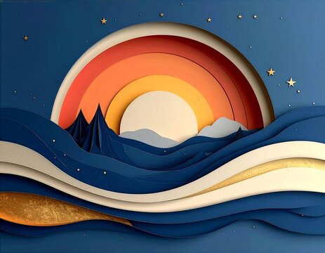 Paper cut landscape background with sunset over mountains sea waves and starry sky