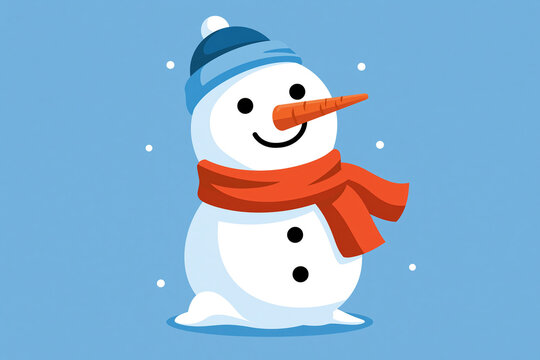 Cute Smiling Snowman in Winter Hat and Red Scarf