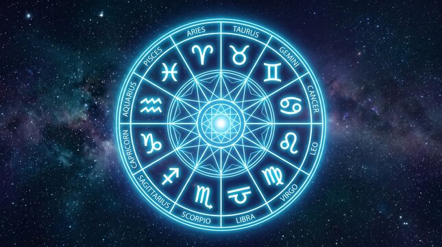 Glowing blue zodiac wheel featuring twelve astrological signs arranged in a circular formation against a deep nebula galaxy cosmos display representing mystical predictions and celestial energy