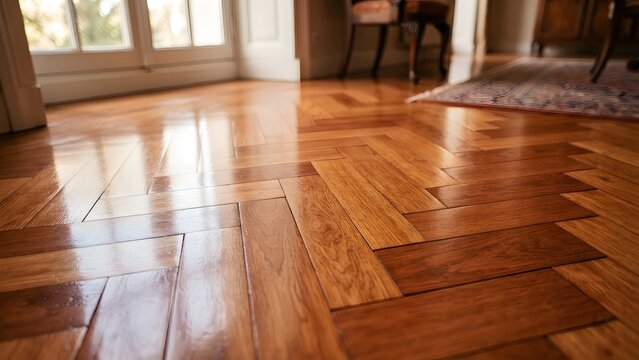 Polished parquet floor with herringbone pattern and light reflections