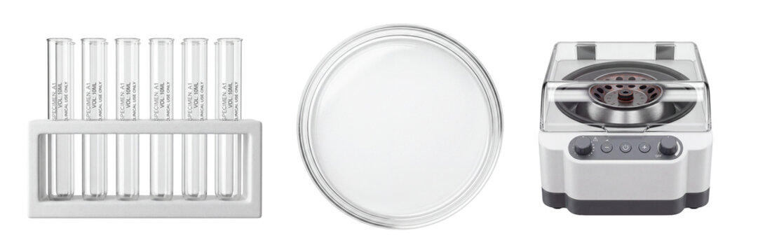 Set of laboratory tools isolated on a transparent or white background. Electric lab centrifuge, glass test tubes and empty petri dish for clinical medical biology sample testing.