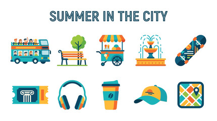Naklejka premium Colorful summer city activities and urban lifestyle icons set with food truck and travel elements