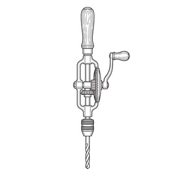 Vintage Hand Crank Drill Tool Line Art Illustration for Woodworking