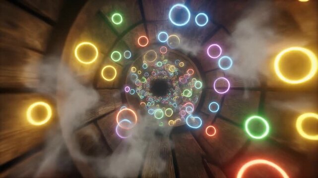 カラフルに光る魔法の泡と神秘的な煙が渦巻く錬金術の空間（魔法・ファンタジー）