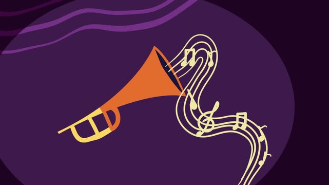 A captivating animation featuring a trumpet playing vibrant music on a dark purple background with elegant wavy lines.