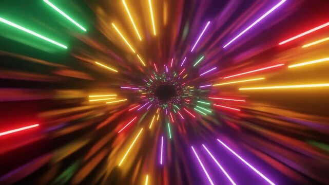 赤、緑、紫、黄色の光の筋が駆け抜ける虹色のスペクトル光トンネル（カラフル・エンタメ）